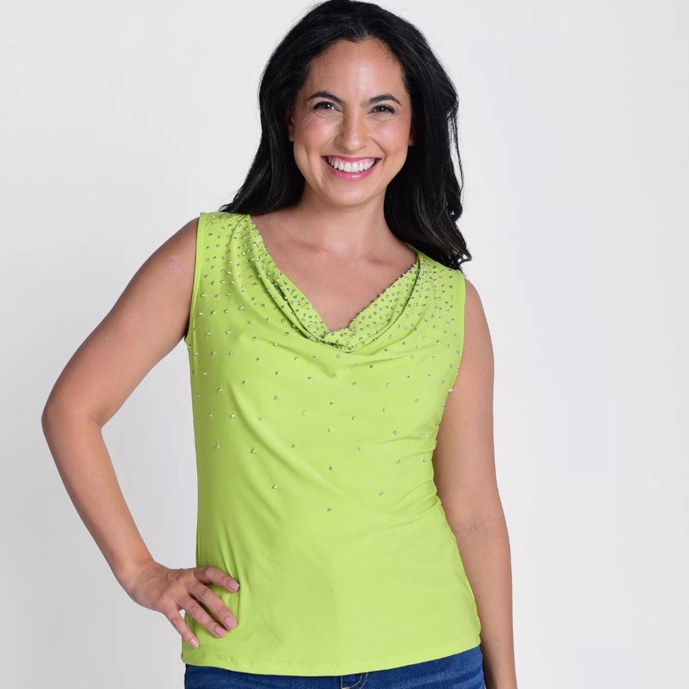 Women’s Light Green Tiana B Knit Beaded Cowl Neck Sleeveless Top